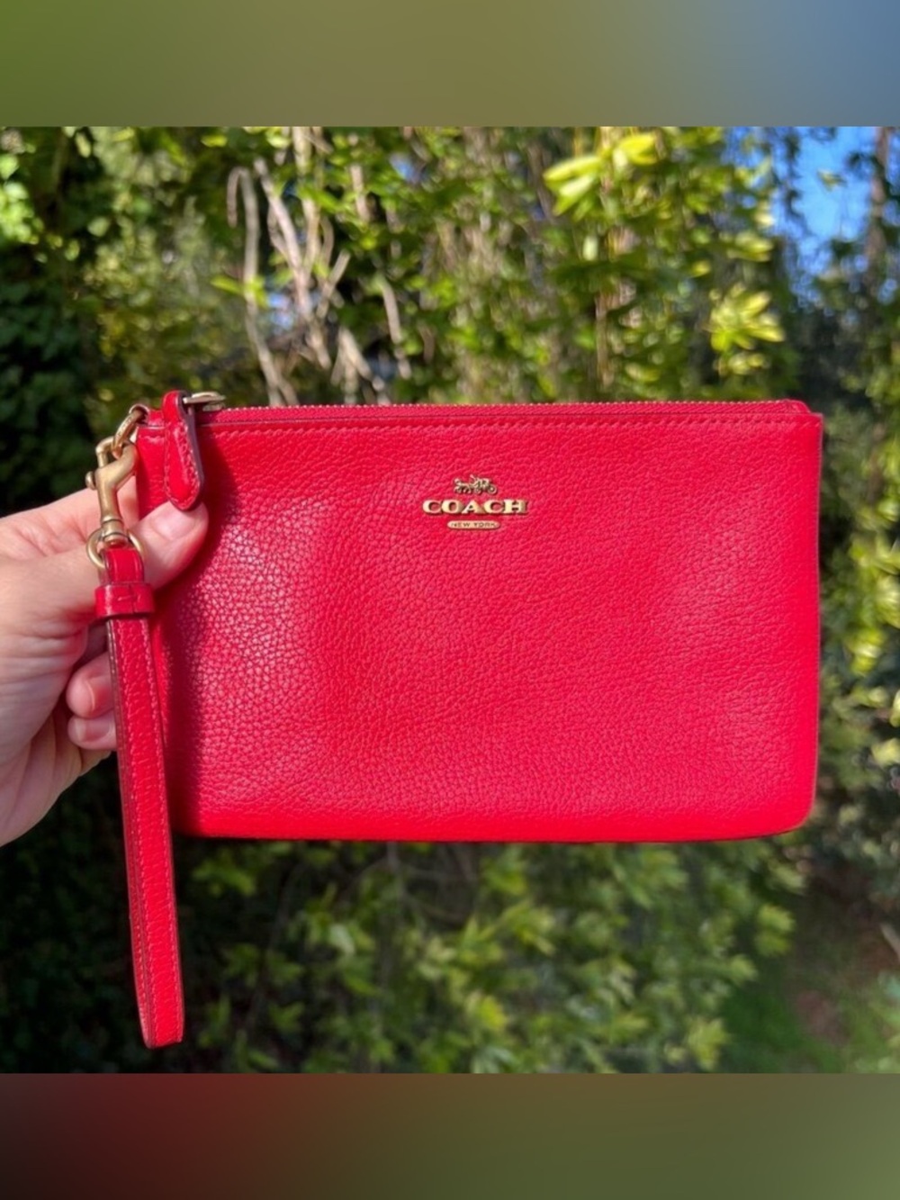 COACH Women's Small Wristlet Red Pebbled Leather Gold/Brass Hardware 22952